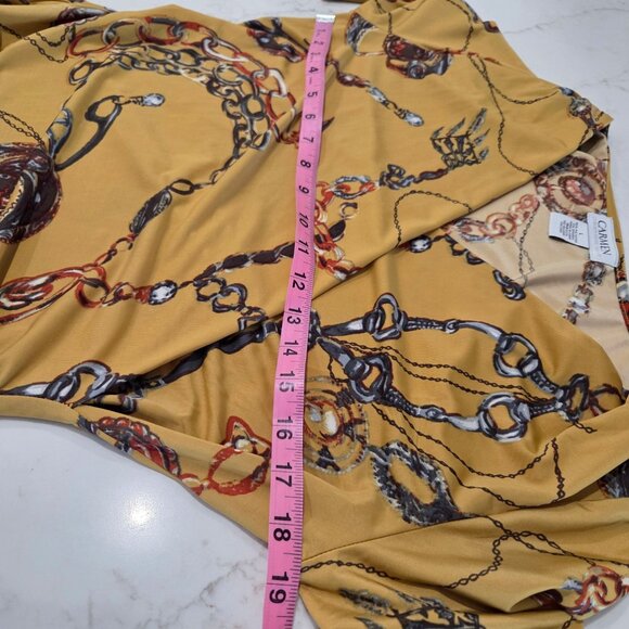 Carmen Marc Valvo Top Size Large Equestrian Chain Print Faux Wrap Yellow Knit - Picture 7 of 8